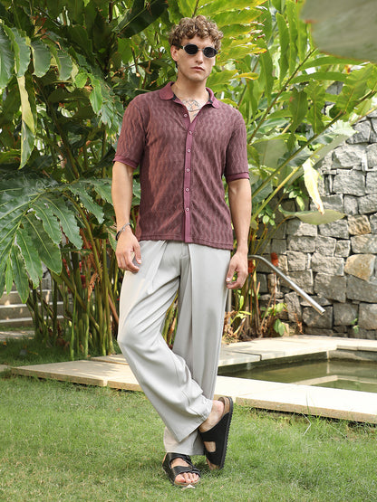 Burgundy Textured Cuban Collar Shirt