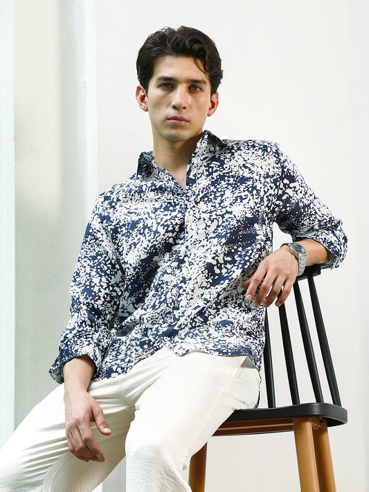 Navy Blue and White Abstract Pattern Rayon Shirt