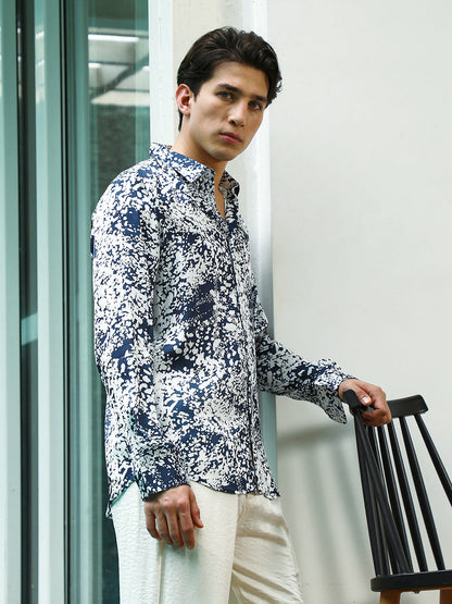 Navy Blue and White Abstract Pattern Rayon Shirt