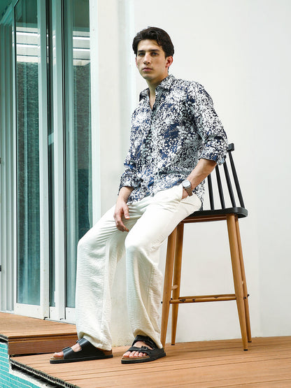 Navy Blue and White Abstract Pattern Rayon Shirt