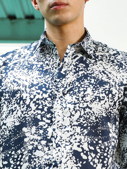 Navy Blue and White Abstract Pattern Rayon Shirt
