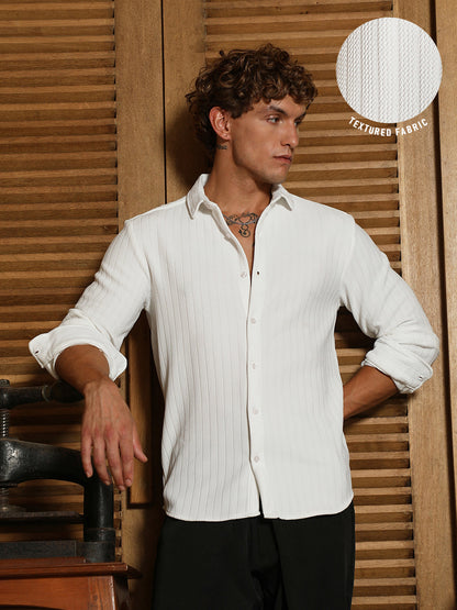 Close up of tactile chevron pattern on Campus Sutra men's white shirt