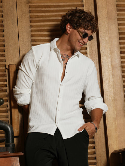 Close up of tactile chevron pattern on Campus Sutra men's white shirt