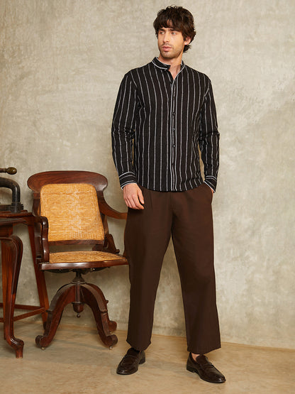 Striped-Jacquard Mandarin Shirt