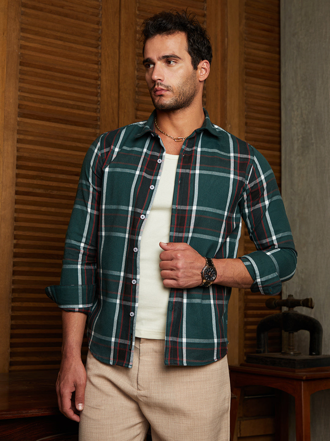 Ribbed-Plaid Relaxed Shirt