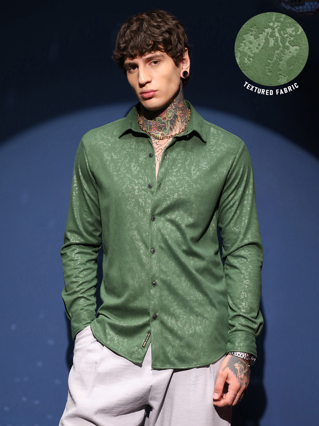 Men's Forest Green Corroded Tactile Shirt showing unique weathered fabric texture and regular fit