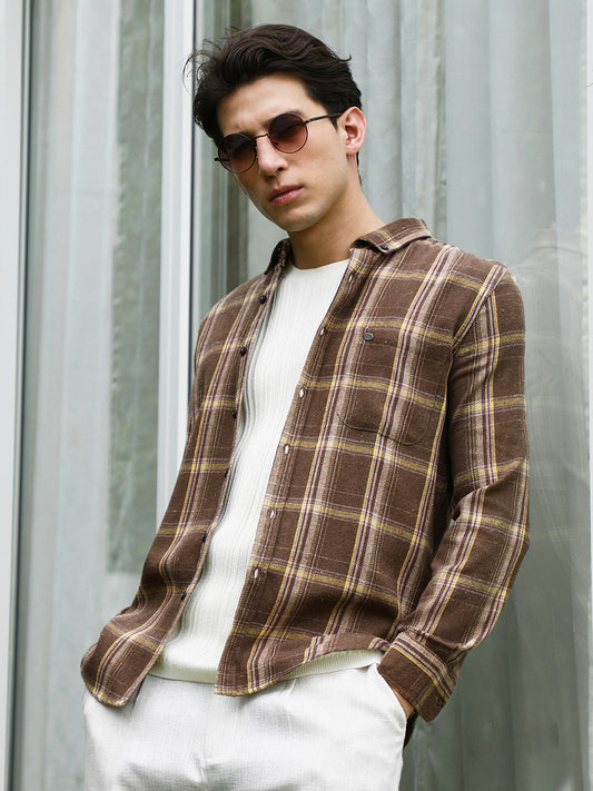 Brown Plaid Cotton Blend Full Sleeve Shirt