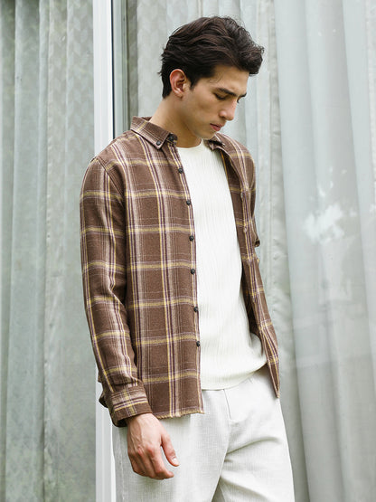 Brown Plaid Cotton Blend Full Sleeve Shirt