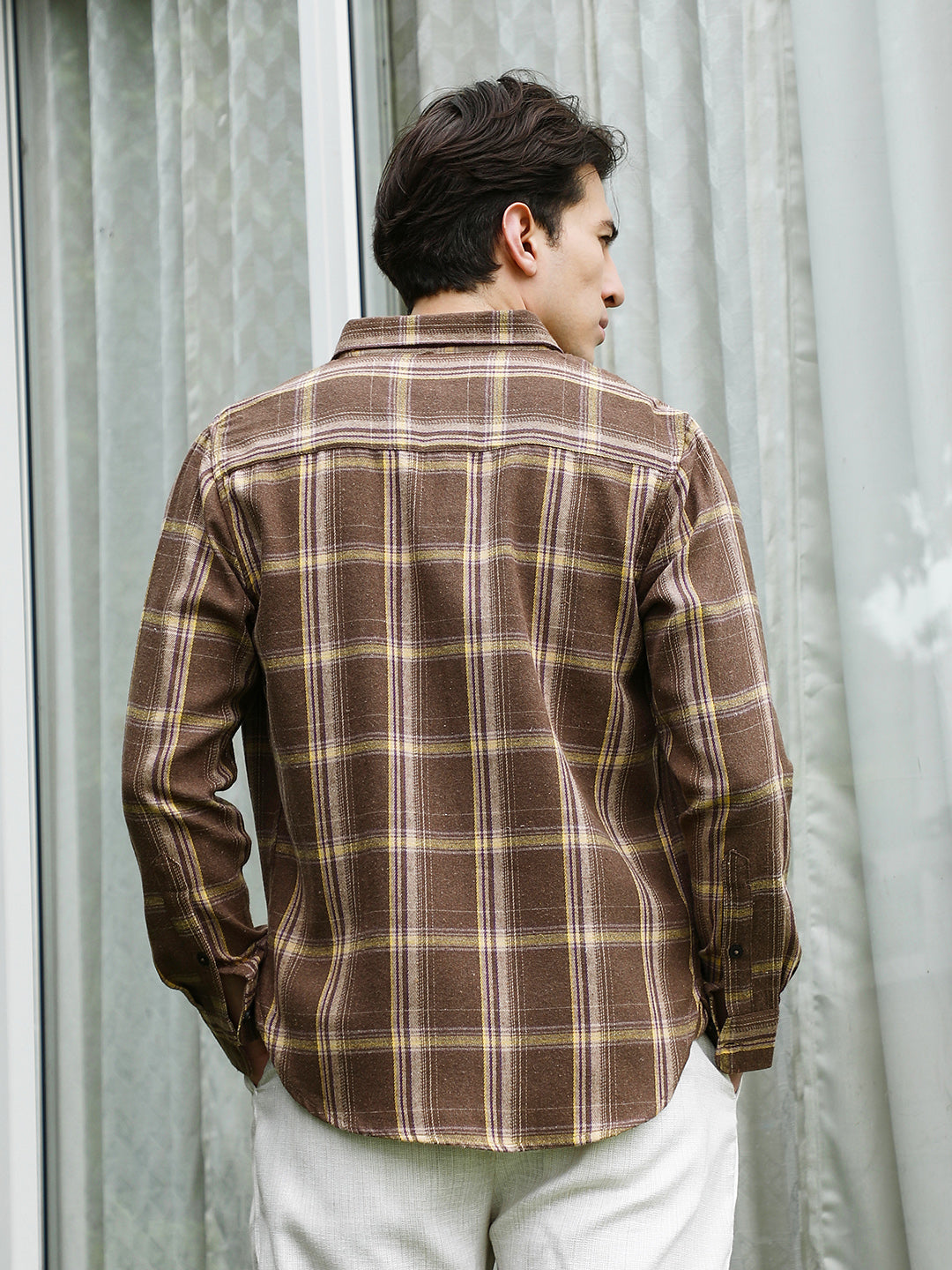 Brown Plaid Cotton Blend Full Sleeve Shirt