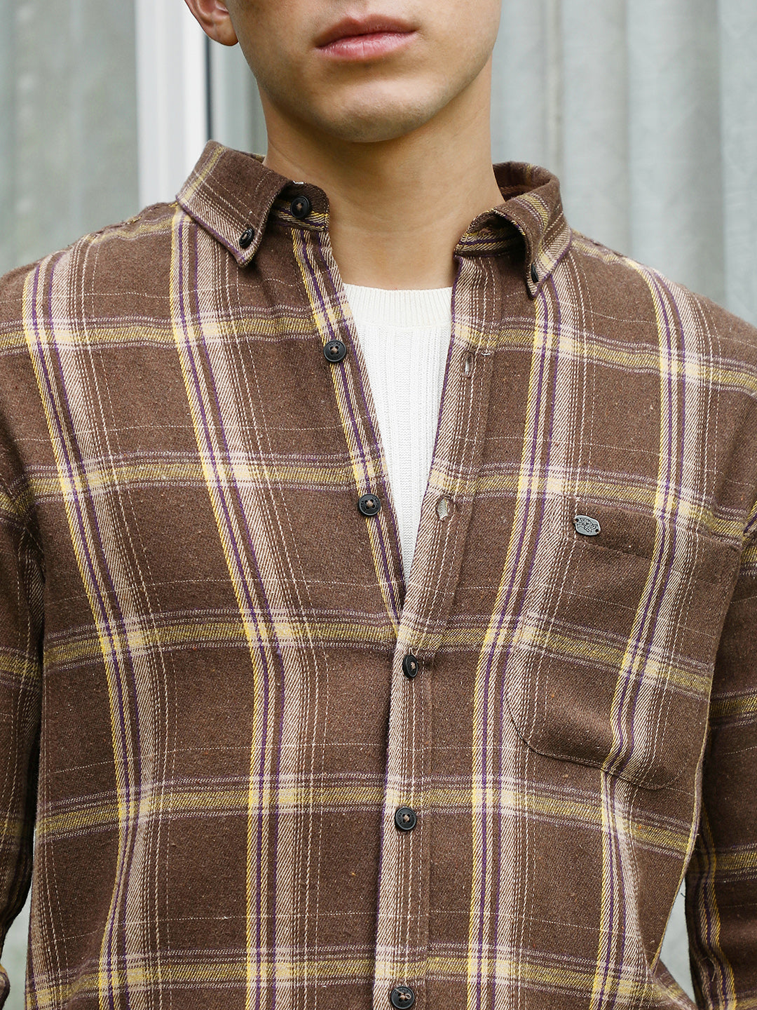 Brown Plaid Cotton Blend Full Sleeve Shirt