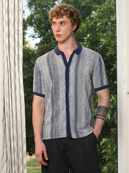 Textured Cotton Blend Cuban Collar Shirt With Vertical Stripes