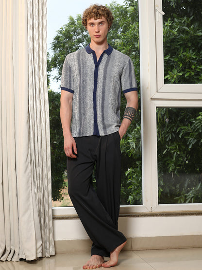 Textured Cotton Blend Cuban Collar Shirt With Vertical Stripes