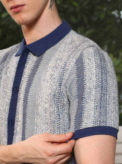 Textured Cotton Blend Cuban Collar Shirt With Vertical Stripes