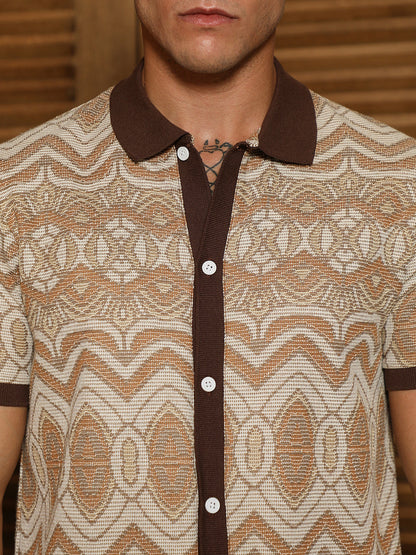 Brown Geometric Pattern Polo Collar Shirt
