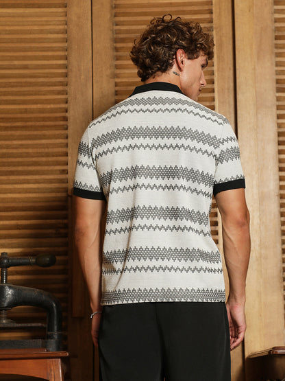 Black And White Geometric Polo Collar Shirt