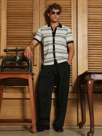 Black And White Geometric Polo Collar Shirt