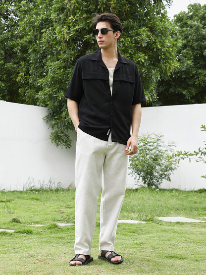 Black Cuban Collar Short Sleeve Shirt
