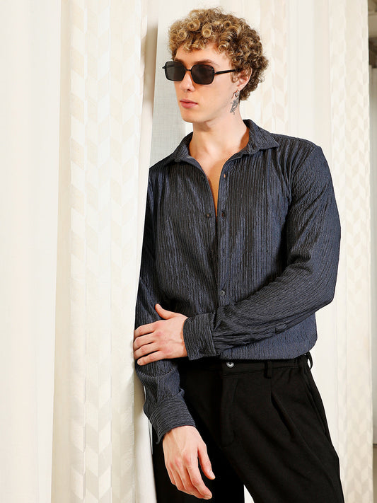 Navy Textured Cotton Blend Full Sleeve Shirt