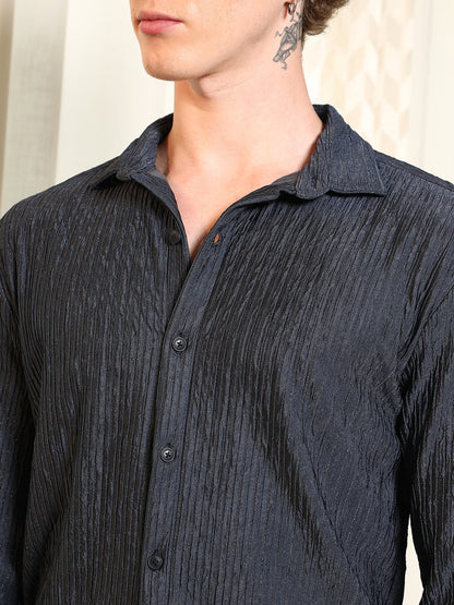 Navy Textured Cotton Blend Full Sleeve Shirt