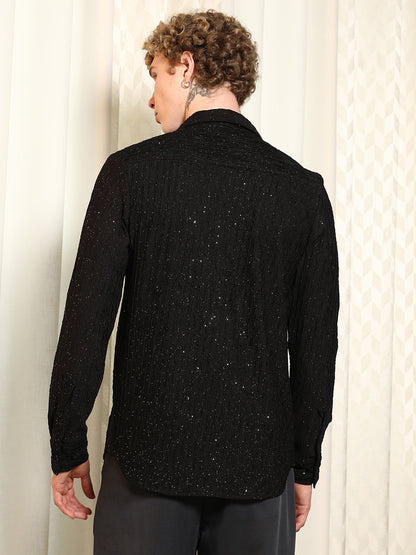 Black Textured Slim Fit Shirt With Shimmer Effect