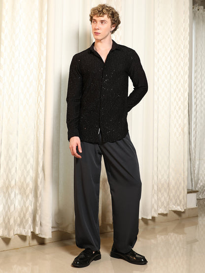 Black Textured Slim Fit Shirt With Shimmer Effect
