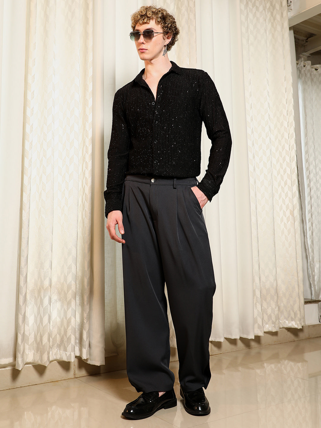 Black Textured Slim Fit Shirt With Shimmer Effect