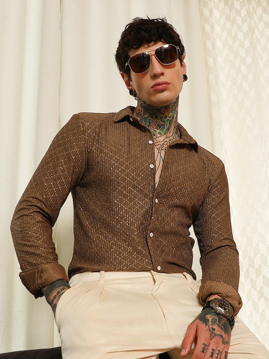 Brown Diamond Pattern Slim Fit Shirt