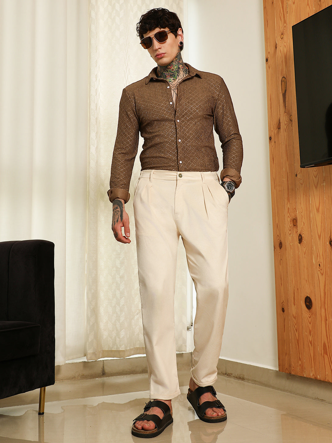 Brown Diamond Pattern Slim Fit Shirt