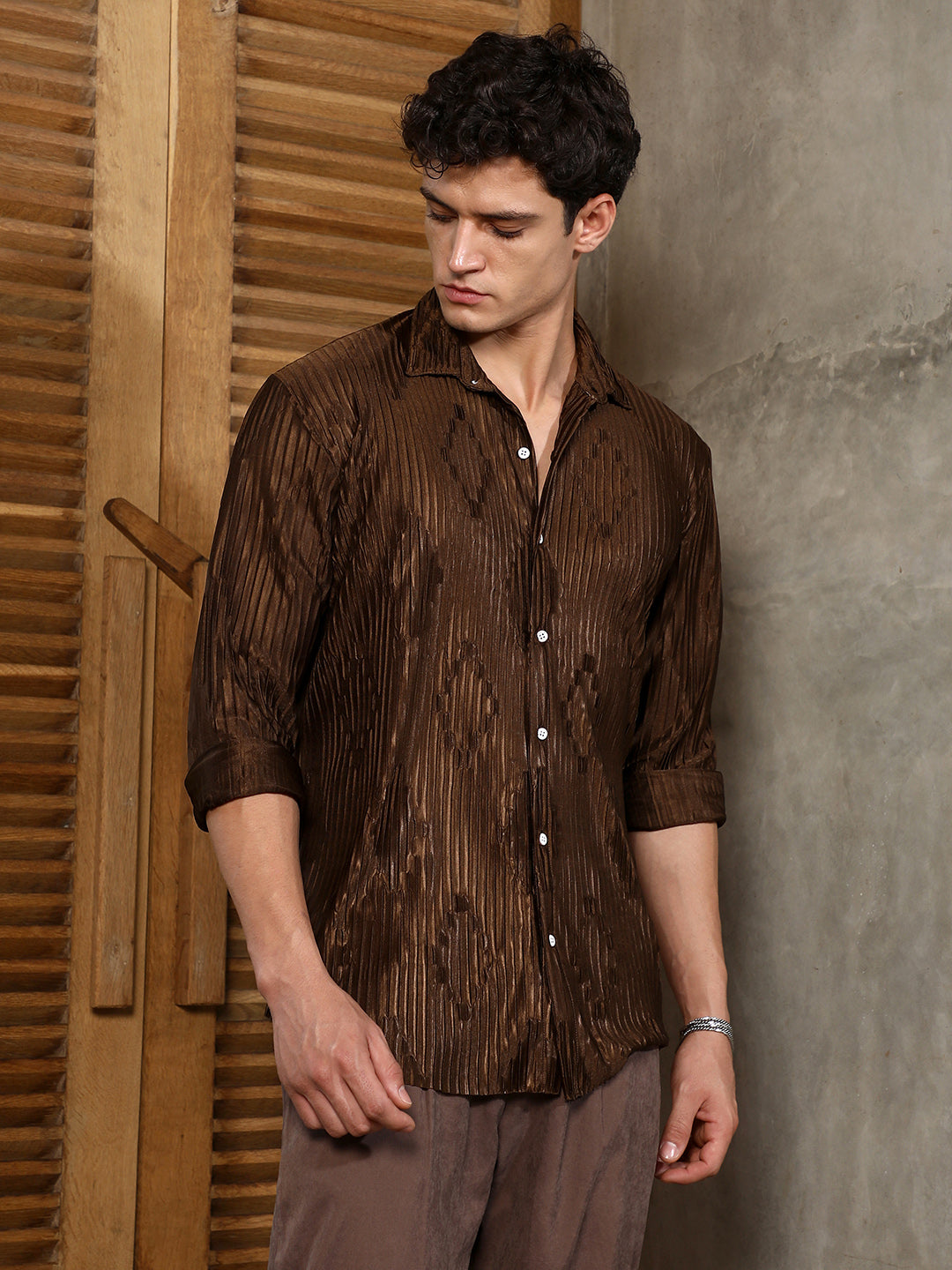 Chocolate Brown Pleated-Rhombus Shirt