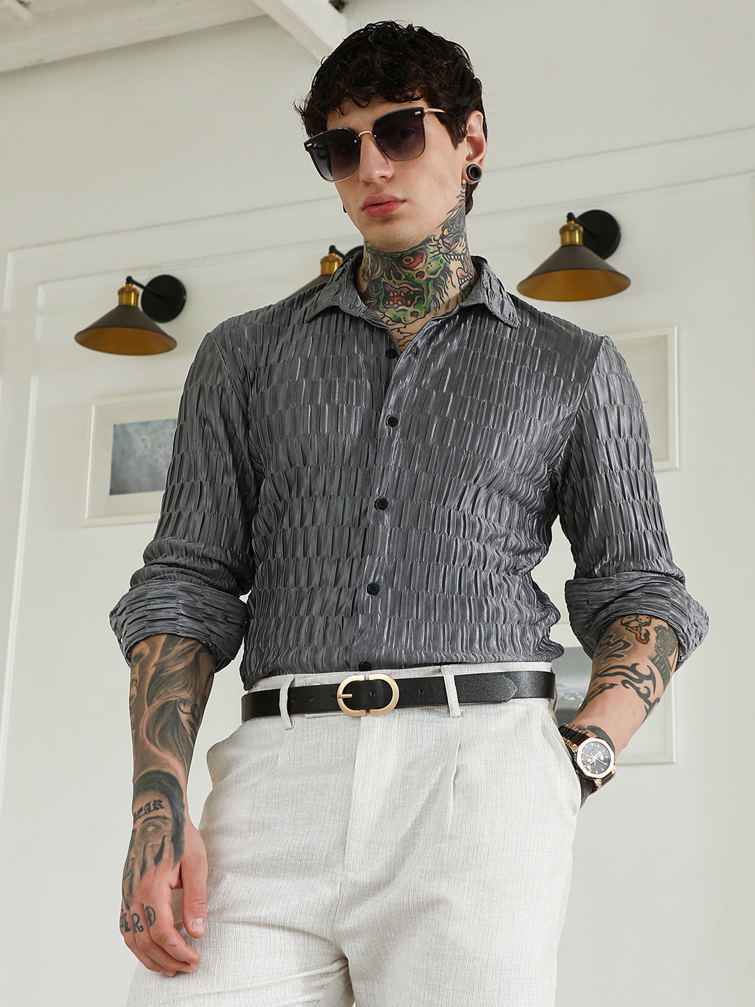 Textured Grey Slim Fit Full Sleeve Shirt