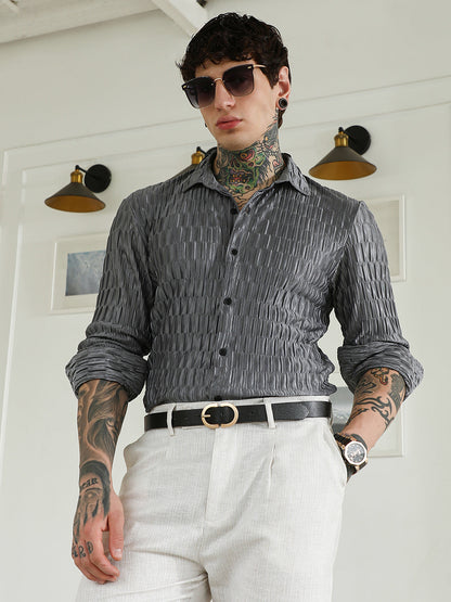 Textured Grey Slim Fit Full Sleeve Shirt