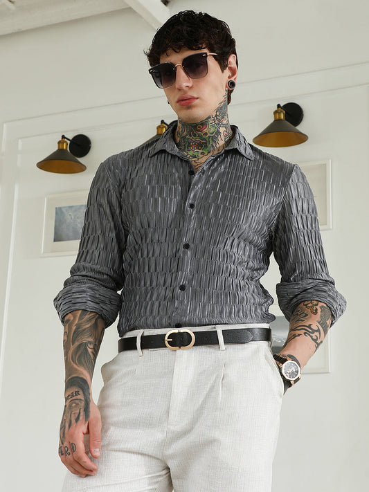 Textured Grey Slim Fit Full Sleeve Shirt