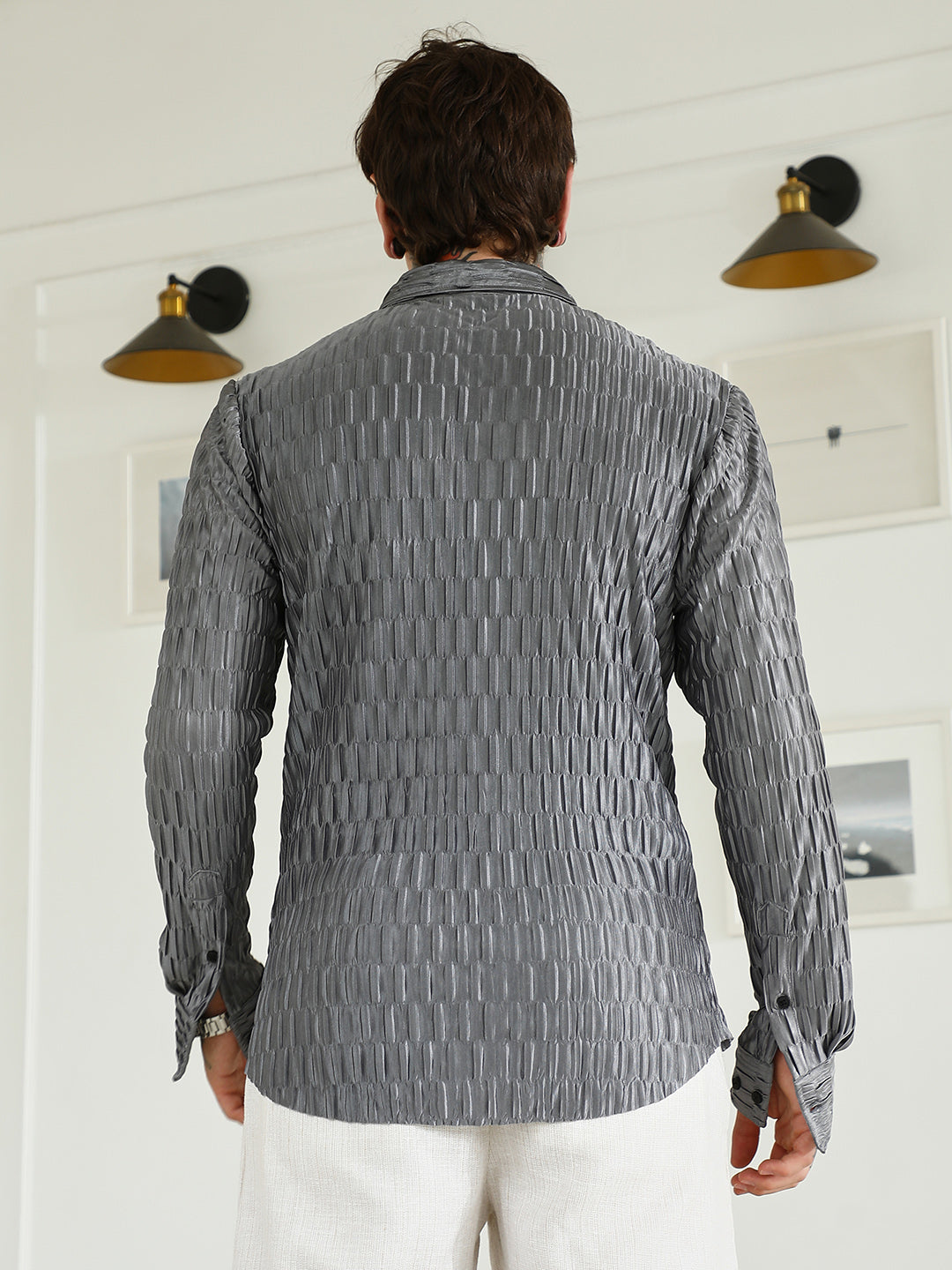 Textured Grey Slim Fit Full Sleeve Shirt