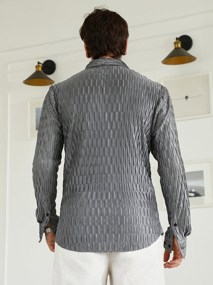 Textured Grey Slim Fit Full Sleeve Shirt