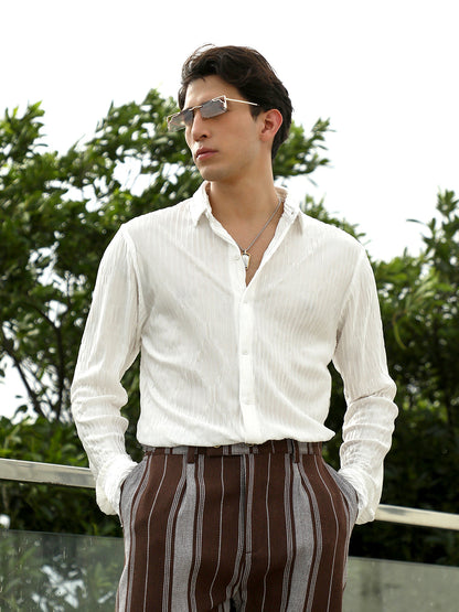 White Textured Slim Fit Shirt With Spread Collar