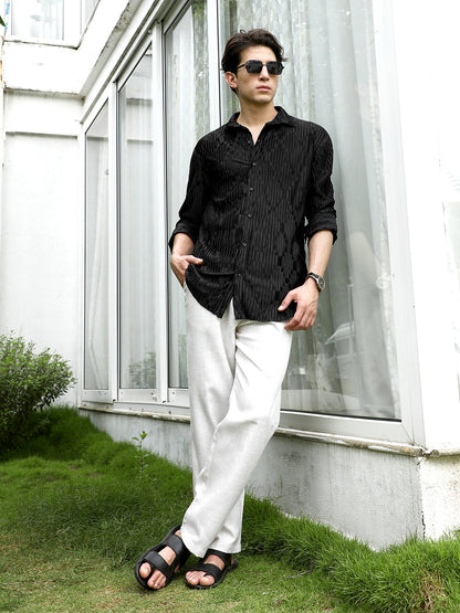 Black Textured Slim Fit Shirt With Semi-Spread Collar