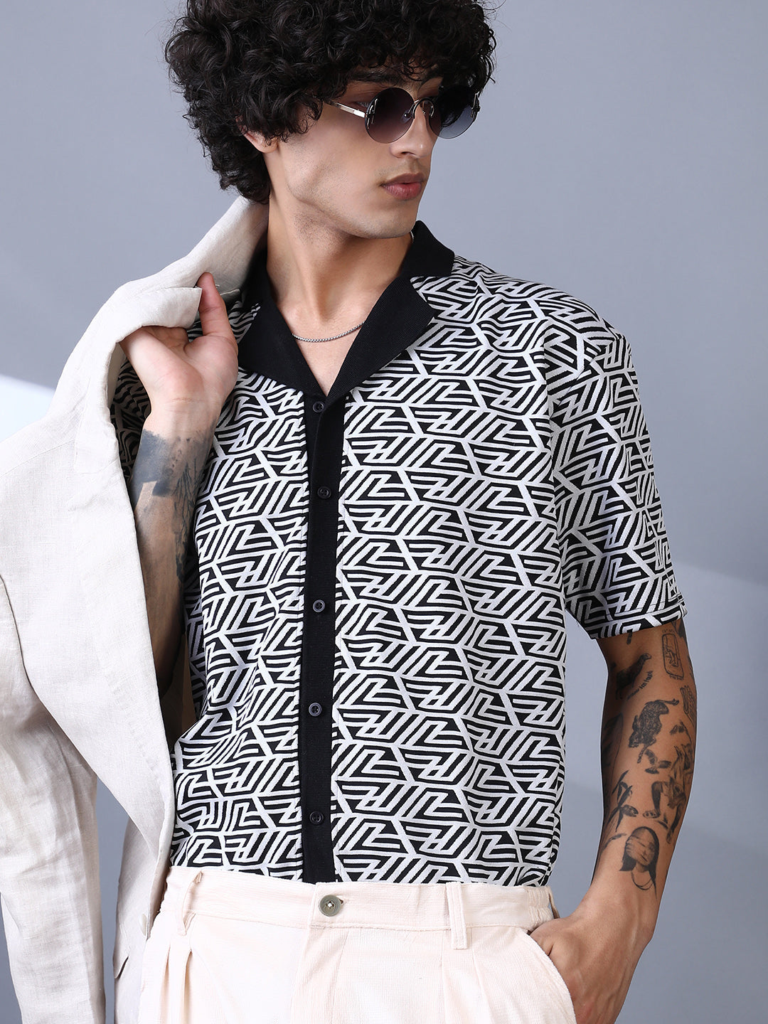 Angleline-Imprint Cuban-Polo Shirt