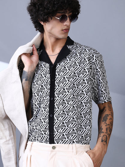 Angleline-Imprint Cuban-Polo Shirt