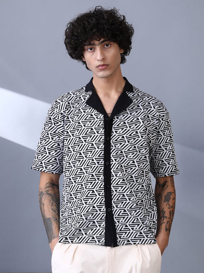 Angleline-Imprint Cuban-Polo Shirt