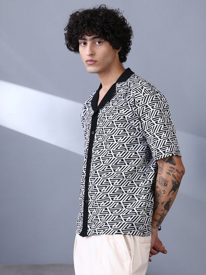 Angleline-Imprint Cuban-Polo Shirt