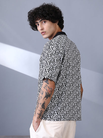 Angleline-Imprint Cuban-Polo Shirt