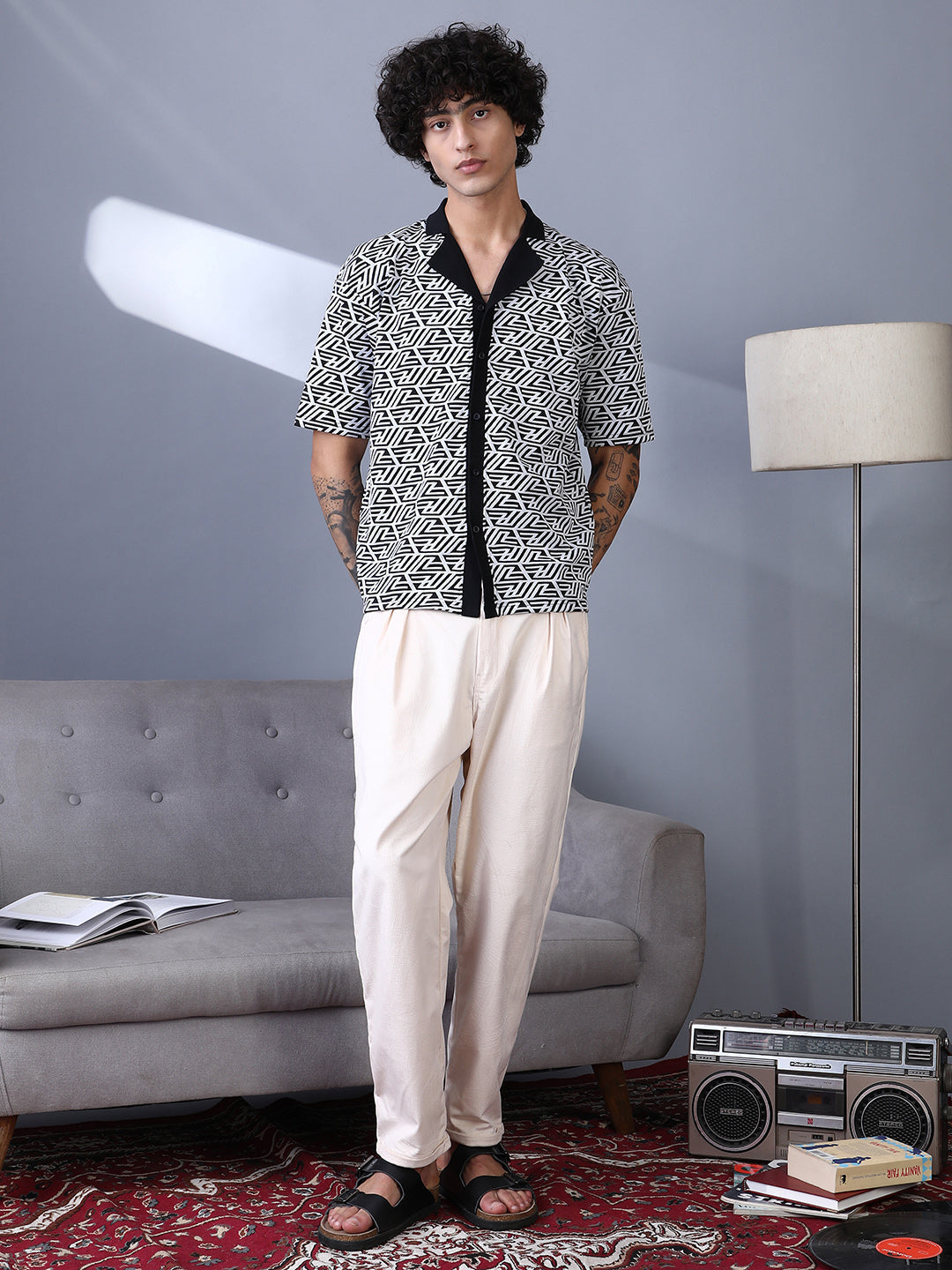 Angleline-Imprint Cuban-Polo Shirt