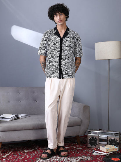 Angleline-Imprint Cuban-Polo Shirt