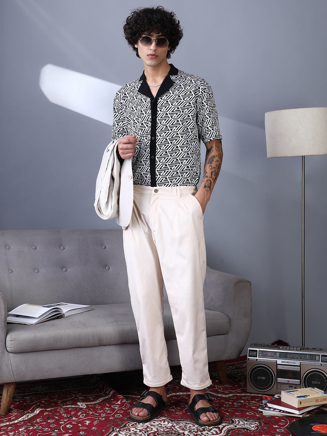 Angleline-Imprint Cuban-Polo Shirt