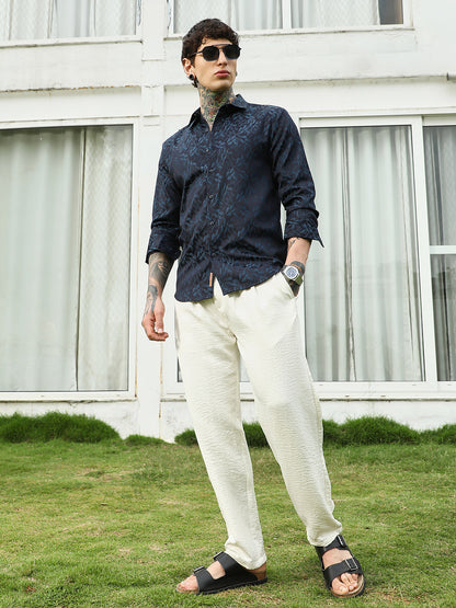 Navy Blue Leaf Pattern Slim Fit Shirt