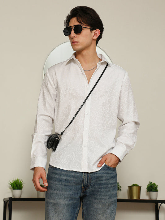 White Paisley Self-Design Slim Fit Shirt For Men