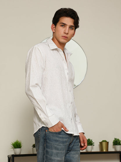 White Paisley Self-Design Slim Fit Shirt For Men