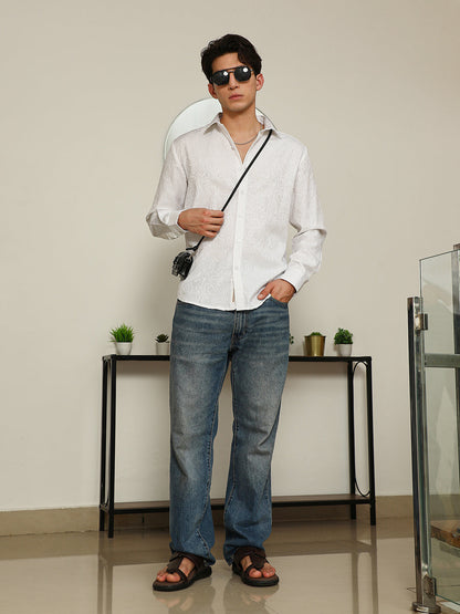 White Paisley Self-Design Slim Fit Shirt For Men