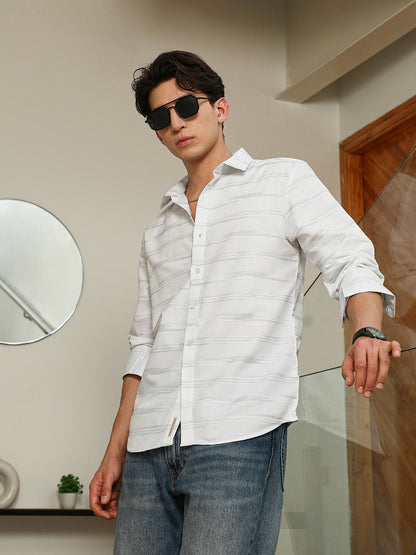 White Textured Stripe Slim Fit Shirt