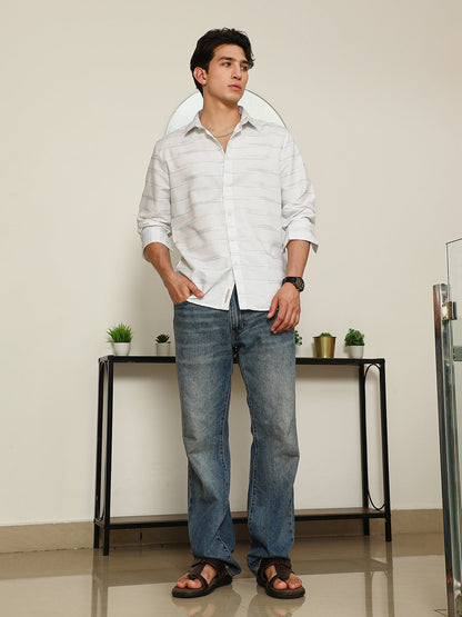White Textured Stripe Slim Fit Shirt